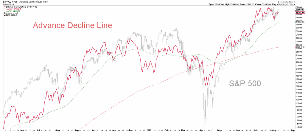 A line chart showing the S&P 500 Index and its Advance-Decline line from July 2022 to August 2023, with both measures generally moving upwards.