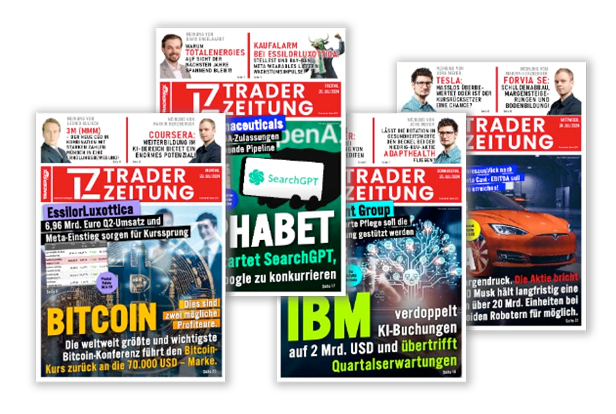 Vier Titelseiten des Magazins Trader Zeitung mit Schlagzeilen über Bitcoin, Alphabets SearchGPT, IBM, Tesla und verschiedene Nachrichten aus Wirtschaft und Technologie.