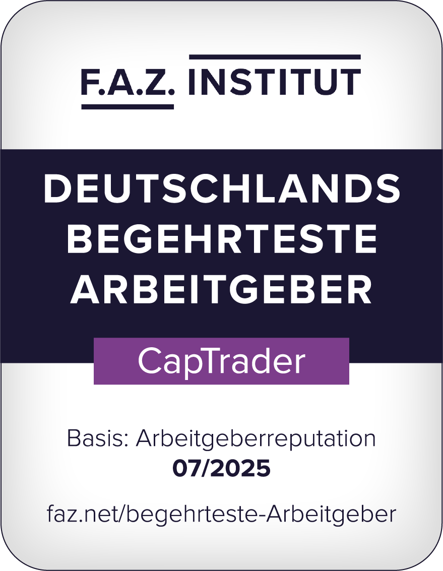 Ein Zertifikat des F.A.Z.-Instituts, das CapTrader als einen der begehrtesten Arbeitgeber Deutschlands ausweist, basierend auf der Arbeitgeberreputation, datiert auf 07/2025.