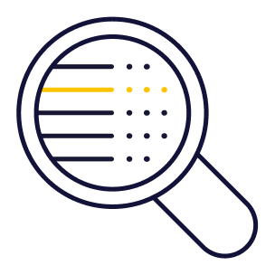 Magnifying glass symbol, which highlights a horizontal yellow line and yellow dots in the middle of black lines and dots and indicates an analysis or search.