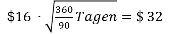Die Gleichung zeigt: $16 cdot sqrt{360/90 cdot Tage} = $32.