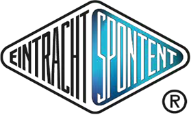 Rautenförmiges Logo mit "EINTRACHT" auf der linken und "SPONTENT" auf der rechten Seite, blauer Hintergrund mit Farbverlauf und eingetragenem Markensymbol in der rechten unteren Ecke.