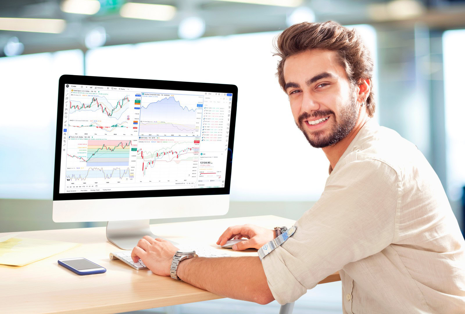 A man sits at a desk, smiles at the camera and displays several financial charts and graphs on a computer monitor, ready to offer assistance through the help center.