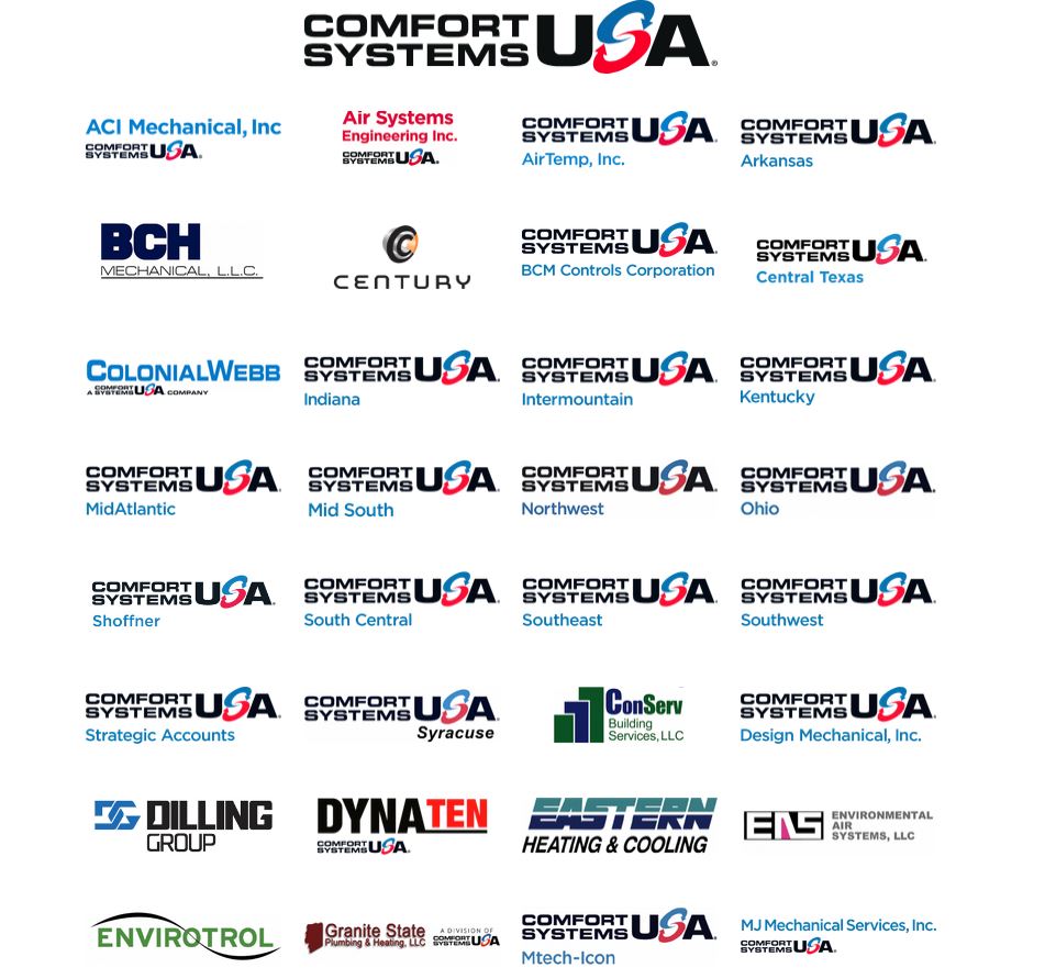 Die Logos von Comfort Systems USA und seinen Tochtergesellschaften, einschließlich regionaler Niederlassungen und Partnerunternehmen, werden in einer gitterartigen Anordnung auf weißem Hintergrund angezeigt.