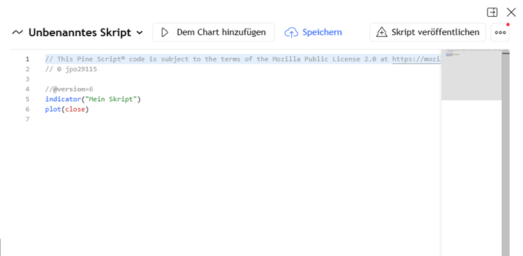 Screenshot eines leeren Pine-Script-Editors mit einem einfachen Skript, das den Schlusskurs aufzeichnet, mit dem Titel "Unbenanntes Skript" und einem Hinweis zum "Automatisch gespeicherten Entwurf" auf Deutsch.