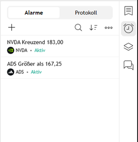 Screenshot einer Handelsplattform mit zwei aktiven Preisalarmen: NVDA über 183,00 und ADS größer als 167,25 - als automatisch gespeicherter Entwurf festgehalten.