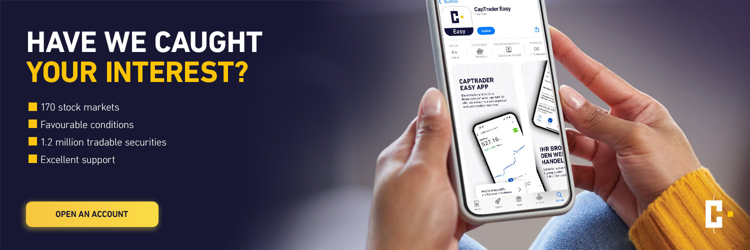 A person is holding a smartphone on which a trading app is displayed; the text highlights the app's functions and a yellow button reads "Open account".