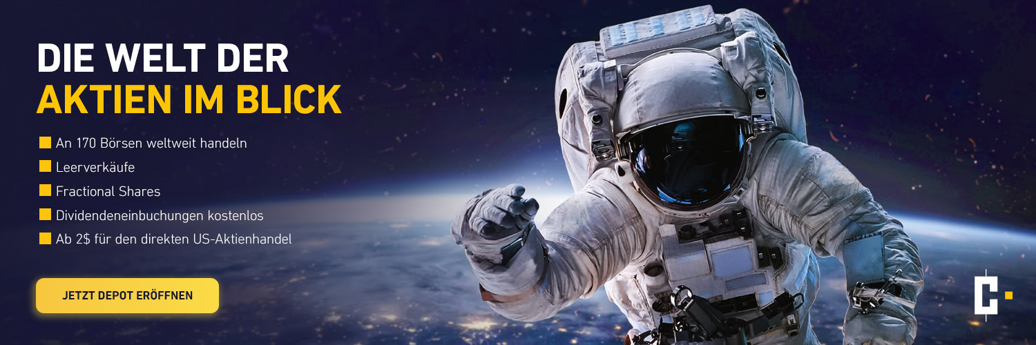 Ein Astronaut, der im Weltraum über der Erde schwebt, mit deutschem Text, der für die Funktionen des Aktienhandels wirbt, und einer gelben Schaltfläche zur Eröffnung eines Kontos.