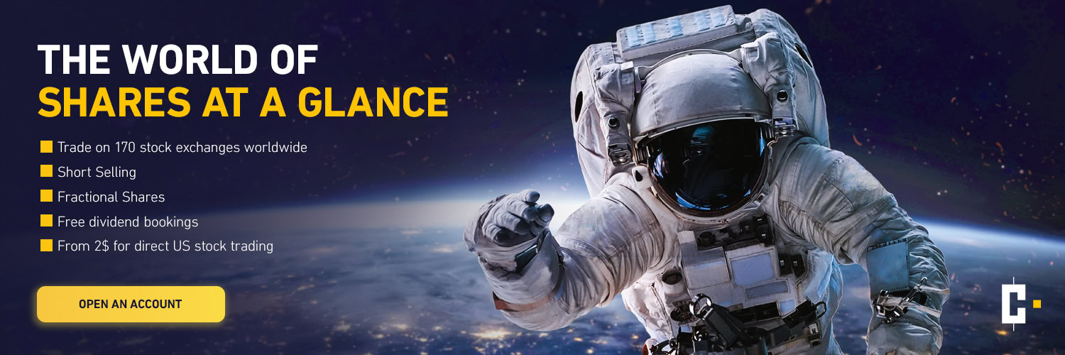 An astronaut floating in space with the earth in the background, next to it an advertising text about share trading services and a yellow "Open account" button.