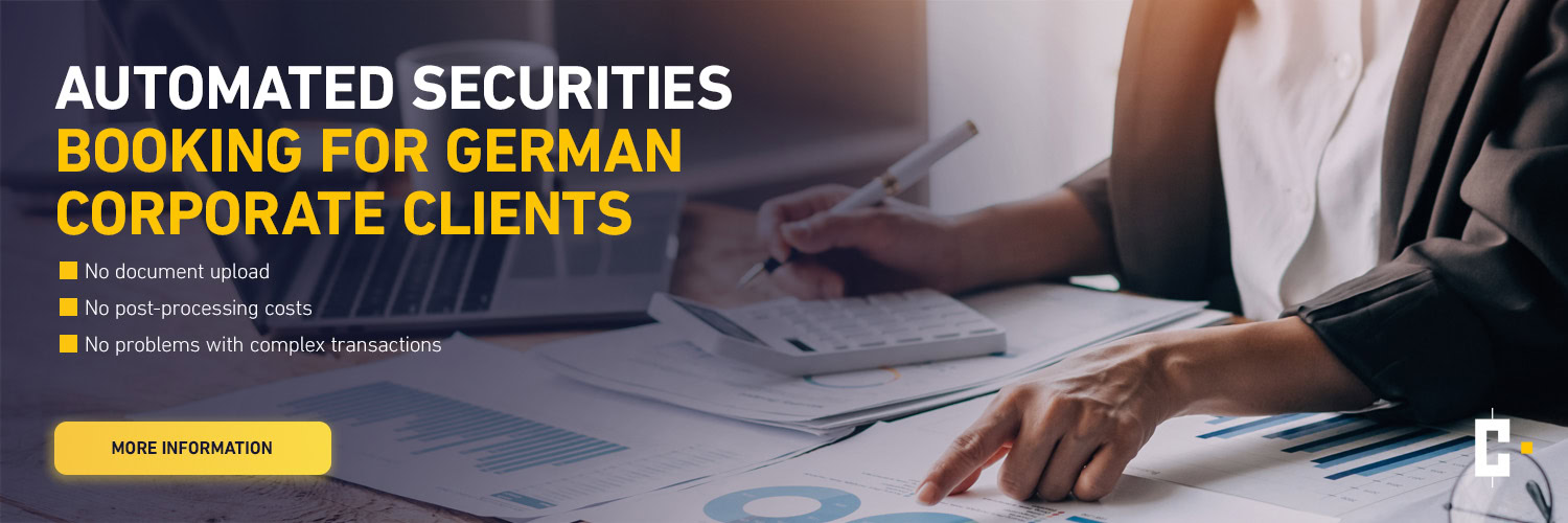 A person is working at a desk with financial charts and a laptop, next to which is a text advertising automatic securities booking for German corporate clients.