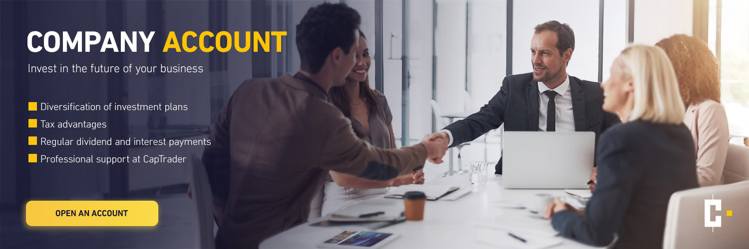 Four businessmen meet in a modern office, two shake hands at the table; the text emphasizes the advantages of opening a corporate account with CapTrader.