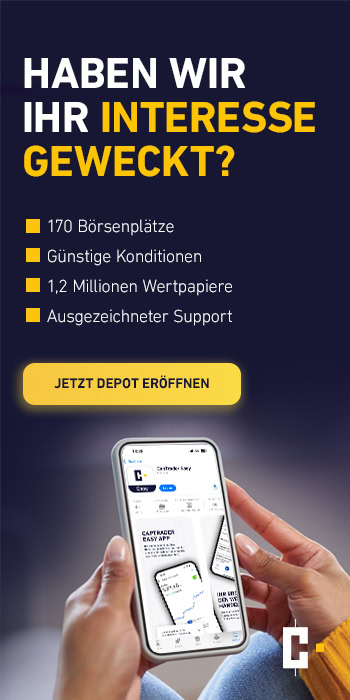 Person mit einem Smartphone, auf dem eine Finanz-App angezeigt wird; der deutsche Text wirbt für die Eröffnung eines Wertpapierdepots und nennt verschiedene Vorteile.
