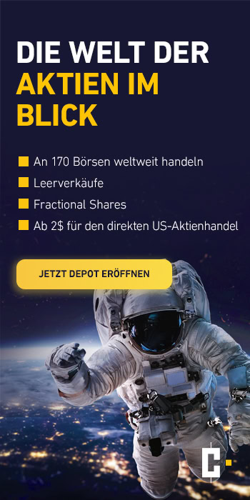 Ein im Weltraum schwebender Astronaut mit deutschem Werbetext über den globalen Aktienhandel, der Merkmale wie weltweite Börsen, Leerverkäufe und Bruchteile von Aktien hervorhebt.