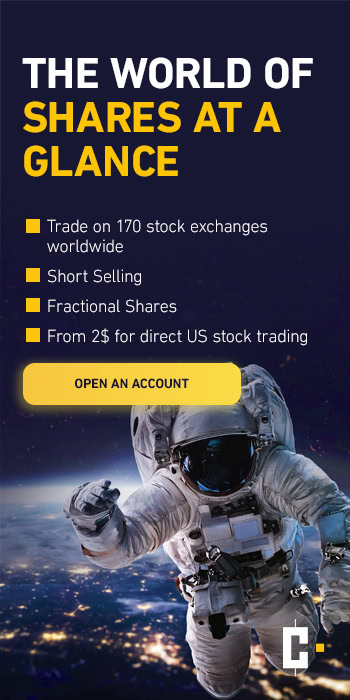 An astronaut floats in space next to ad text promoting stock trading features such as global exchanges, short selling and fractional shares. A yellow button reads "Open an account".