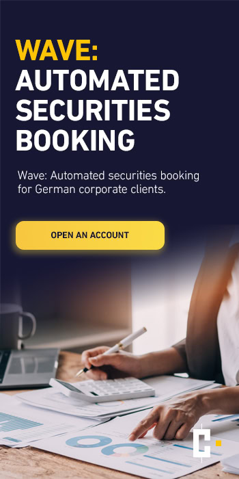 A person is writing in a notebook next to financial documents on a desk. The text advertises Wave's automated securities booking for German corporate clients and includes a button to open an account.