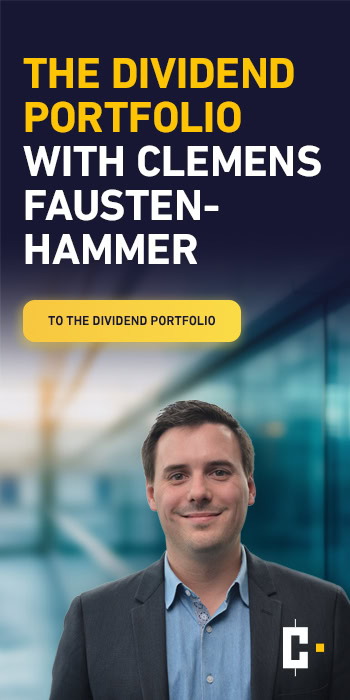 A man in a suit stands in front of a blurred modern building. The text reads: "The dividend portfolio with Clemens Faustenhammer. About the dividend portfolio.