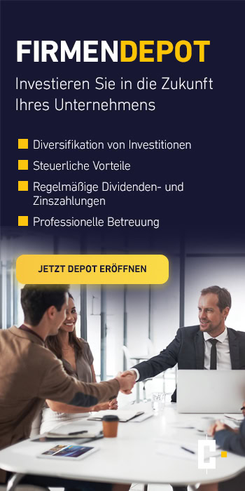 Geschäftsleute schütteln sich in einem Besprechungsraum die Hände. Ein Banner wirbt für Investitionskonten von Unternehmen und nennt die wichtigsten Vorteile in deutscher Sprache.
