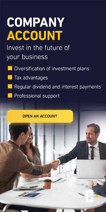 Business meeting with four people shaking hands at a table; overlay text advertises corporate accounts with investment benefits and an "open account" button.