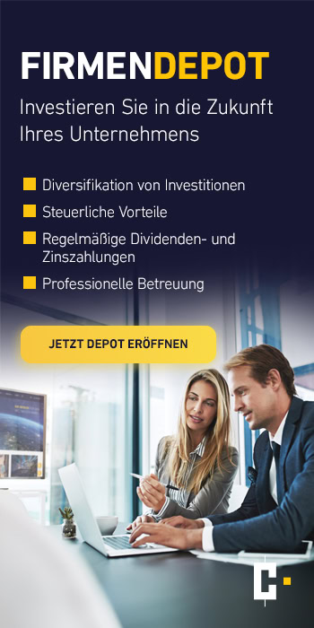 Geschäftsleute, die an einem Schreibtisch mit einem Laptop arbeiten; der Text wirbt für ein Anlagekonto für Unternehmen, wobei Diversifizierung, Steuervorteile und professionelle Unterstützung hervorgehoben werden.