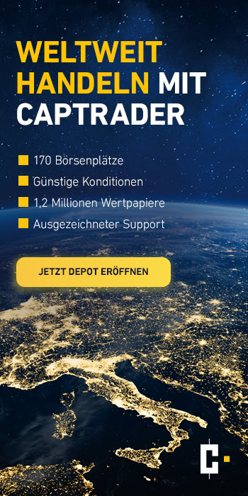 Anzeige für CapTrader, die die Erde aus dem Weltraum bei Nacht zeigt, mit einem Text, der globalen Handel, niedrige Gebühren, 1,2 Millionen Wertpapiere und exzellenten Support anbietet. Auf der Schaltfläche steht "Jetzt Depot eröffnen.