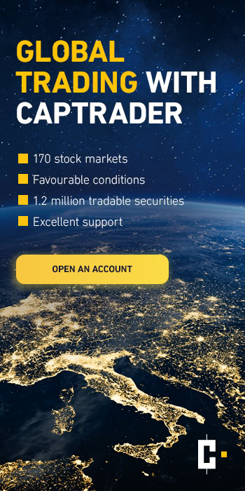 Advertisement for CapTrader with a view of Europe from space at night, a list of trading advantages and a yellow button labeled "Open account".