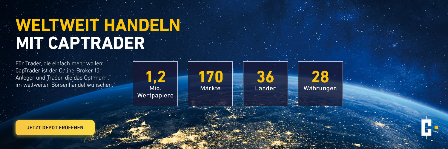 Werbebanner für CapTrader mit Statistiken: 1,2 Millionen Wertpapiere, 170 Märkte, 36 Länder, 28 Währungen, mit einem Sonnenaufgang über der Erde als Hintergrund und einer Schaltfläche zur Eröffnung eines Kontos.