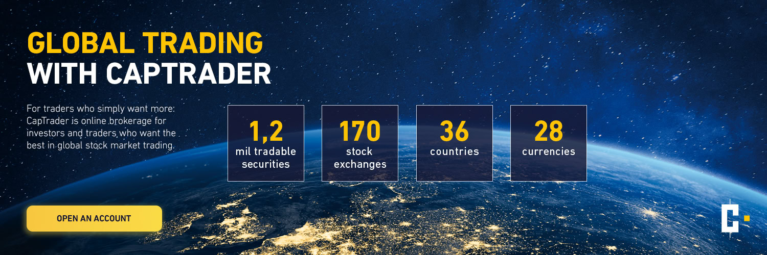 Advertising banner for CapTrader with statistical data: 1.2 million tradable securities, 170 stock exchanges, 36 countries, 28 currencies and a button to open an account.
