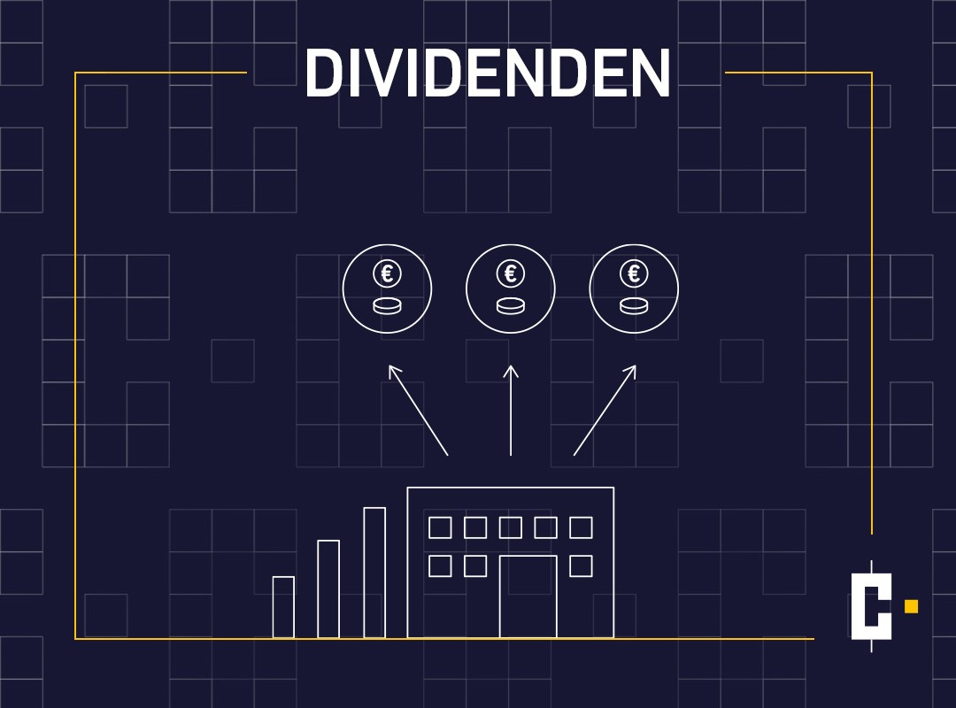 Weißer Umriss eines Gebäudes mit Pfeilen, die auf drei darüber liegende Euro-Münzen zeigen, zur Veranschaulichung der Dividendenverteilung - ein wichtiges Konzept beim Vergleich von Optionen und Optionsscheinen - vor einem dunklen Hintergrund mit geometrischen Mustern.