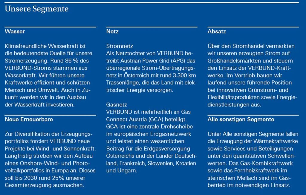 Eine deutschsprachige Infografik mit dem Titel "Unsere Segmente", in der die Geschäftsfelder von VERBUND dargestellt sind: Wasser, Neue Erneuerbare Energien, Netz, Gasnetz, Vertrieb und Sonstige Segmente, jeweils mit kurzen Beschreibungen.