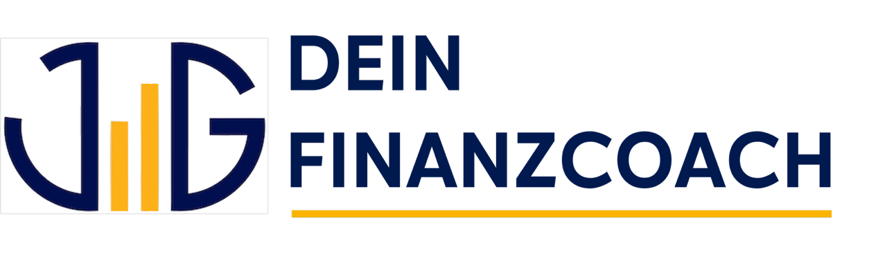 Logo mit stilisierten Initialen "JG" und gelben Balken, daneben der Text "DEIN FINANZCOACH" in dunkelblau mit einer gelben Linie darunter - perfekt für Marken wie CapTrader oder alle, die im Bereich Online-Broker tätig sind.