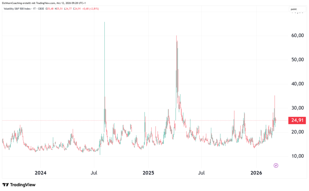 Liniendiagramm des Volatilitätsindex S&P 500 (VIX) von 2023 bis 2026 mit mehreren starken Ausschlägen und einem letzten Wert bei 24,91.